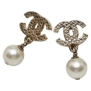 CHANEL Gold Pearl Logo Earrings
